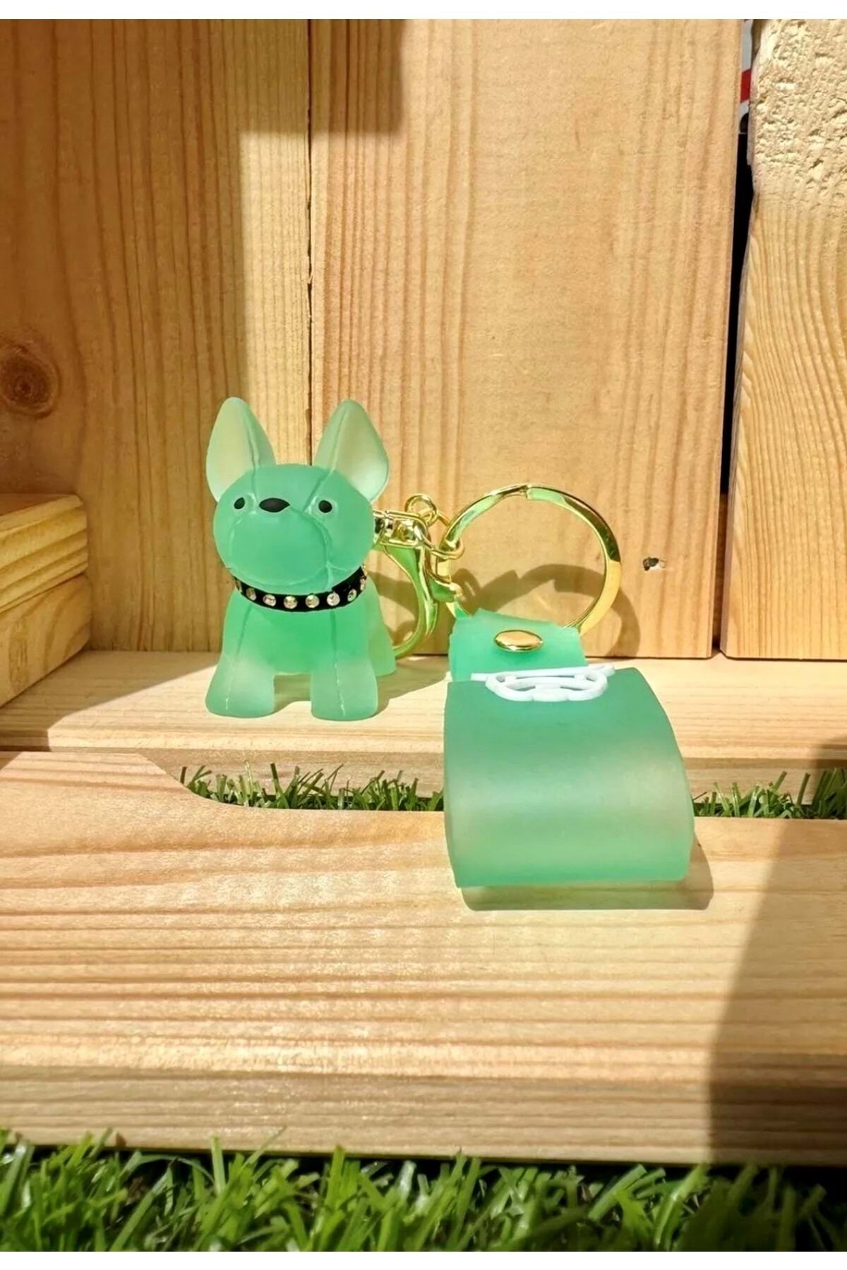 Fransız Bulldog Şeffaf Yeşil Anahtarlık