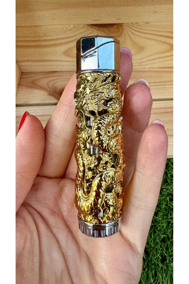 Ejderha Desenli Kabartmalı Jet Çakmak / Altın Sarısı