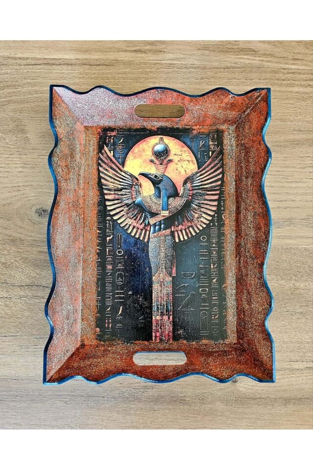 El Yapımı Ahşap Boyama Tepsi – Antik Mısır Koleksiyonu Kuş Başlı Figür