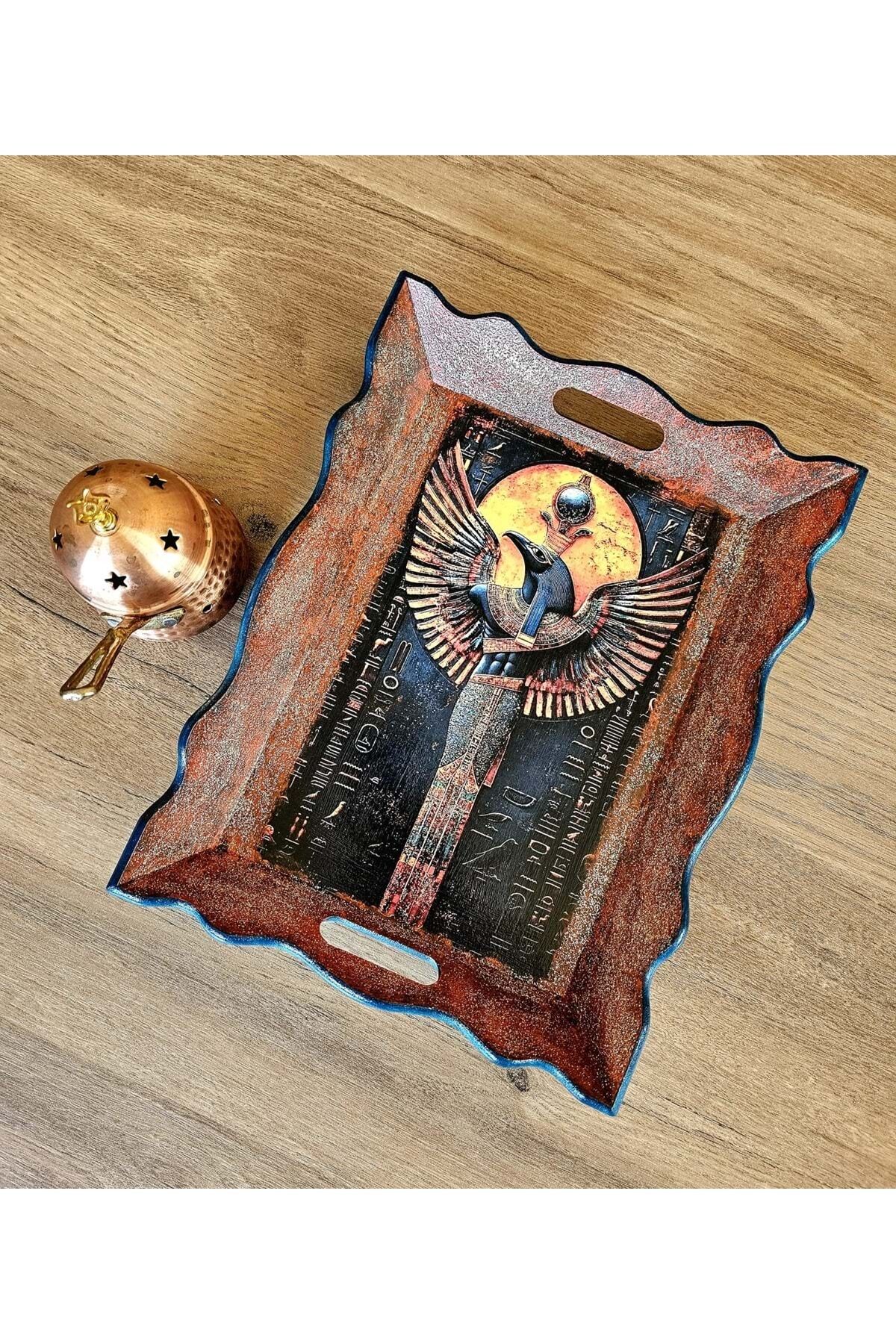 El Yapımı Ahşap Boyama Tepsi – Antik Mısır Koleksiyonu Kuş Başlı Figür