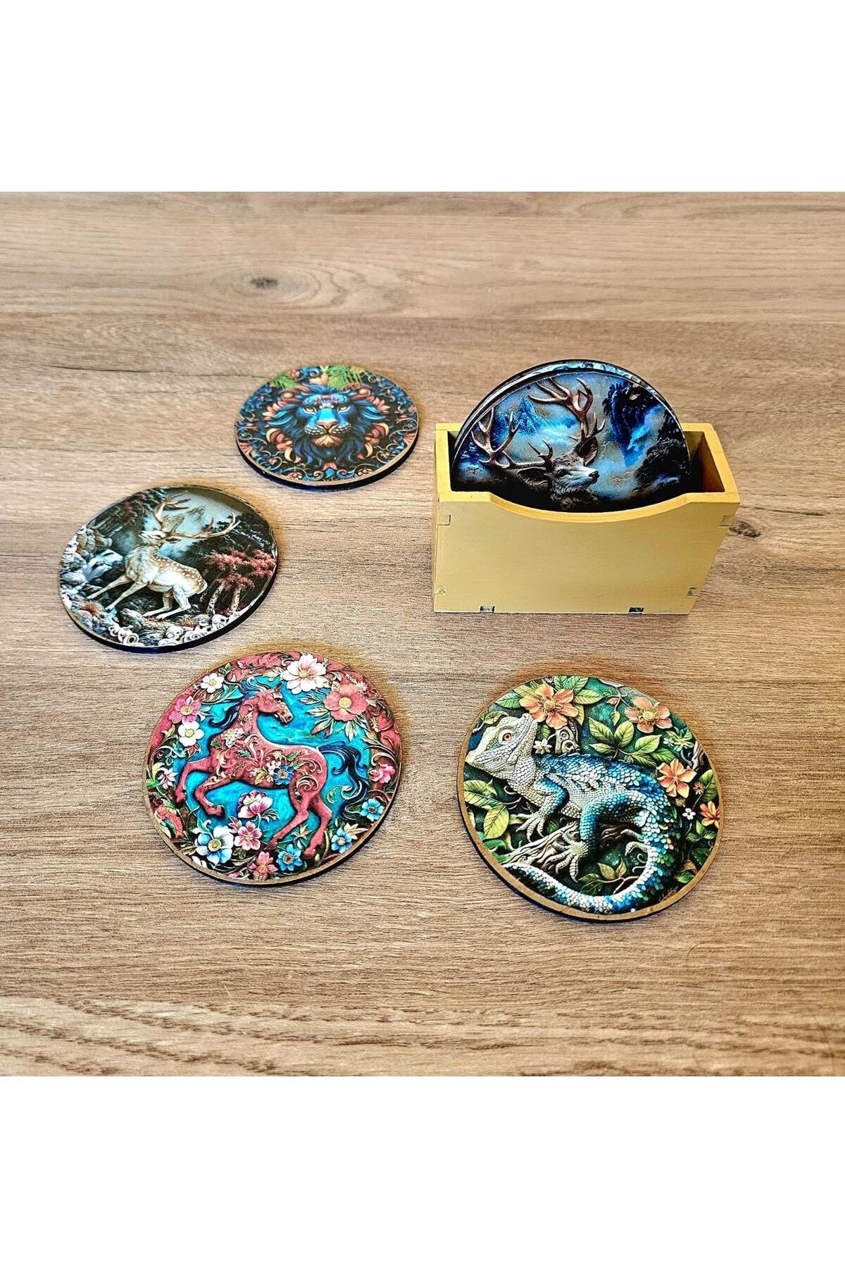 El Boyaması Ahşap Fantastik Hayvanlar Bardak Altlığı Seti (6'lı) + Ahşap Kutu / Koleksiyon No:2