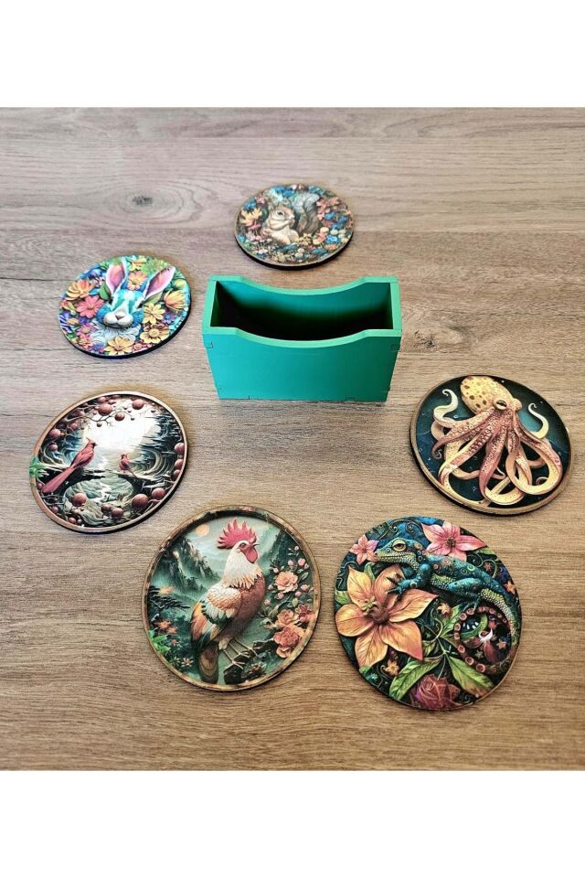 Doğadan İlham Alan El Boyaması Ahşap Bardak Altlığı Seti 6'lı + Ahşap Kutu / Koleksiyon No:3