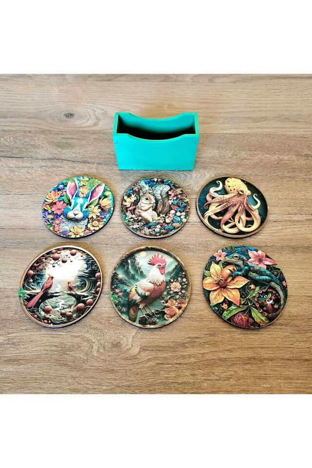 Doğadan İlham Alan El Boyaması Ahşap Bardak Altlığı Seti 6'lı + Ahşap Kutu / Koleksiyon No:3