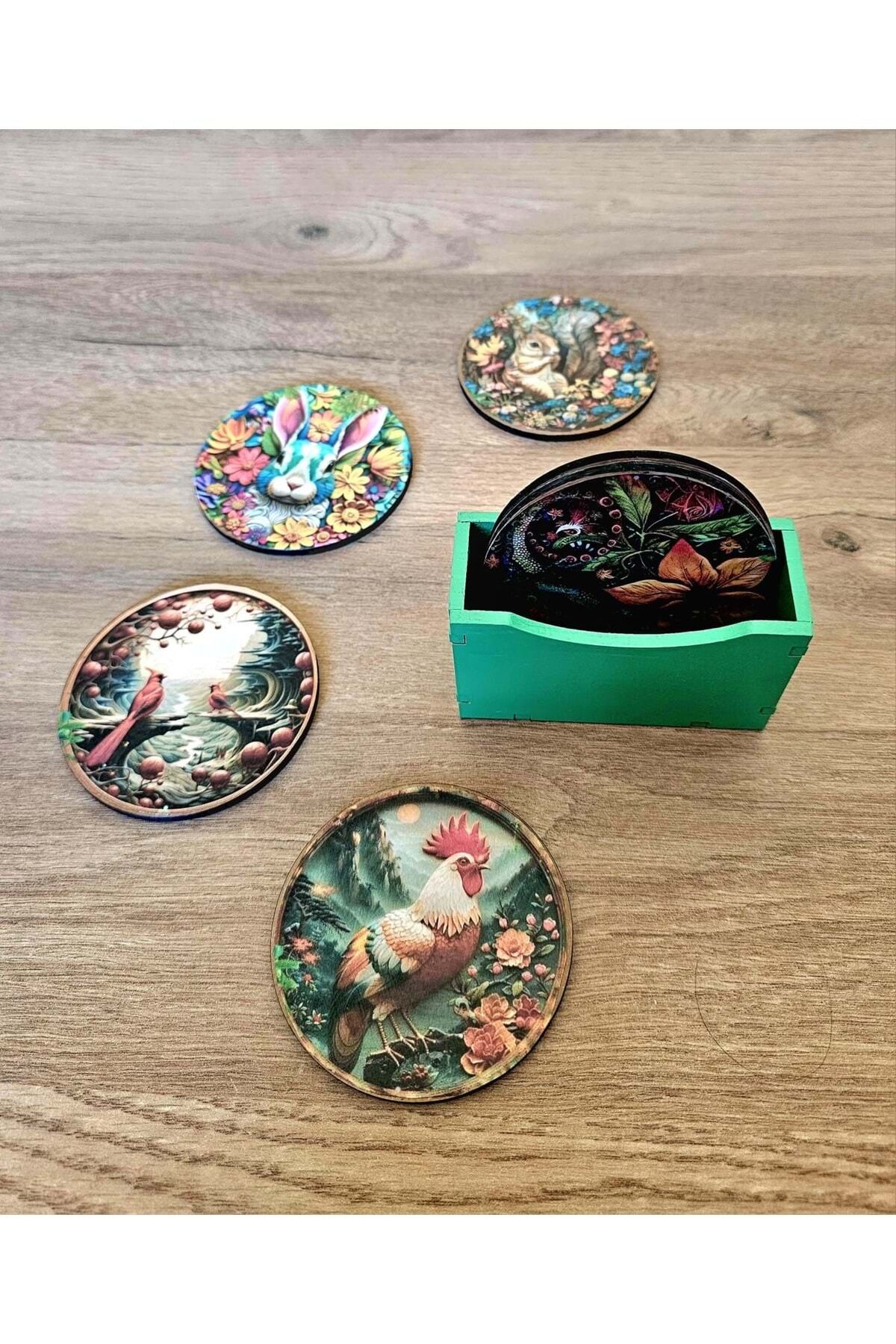 Doğadan İlham Alan El Boyaması Ahşap Bardak Altlığı Seti 6'lı + Ahşap Kutu / Koleksiyon No:3