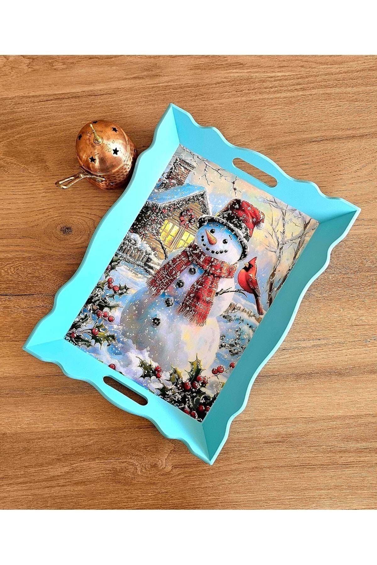 El Yapımı Ahşap Boyama Tepsi -Fısıldayan Kış Koleksiyonu | No: 5 Mavi - 35 X 27