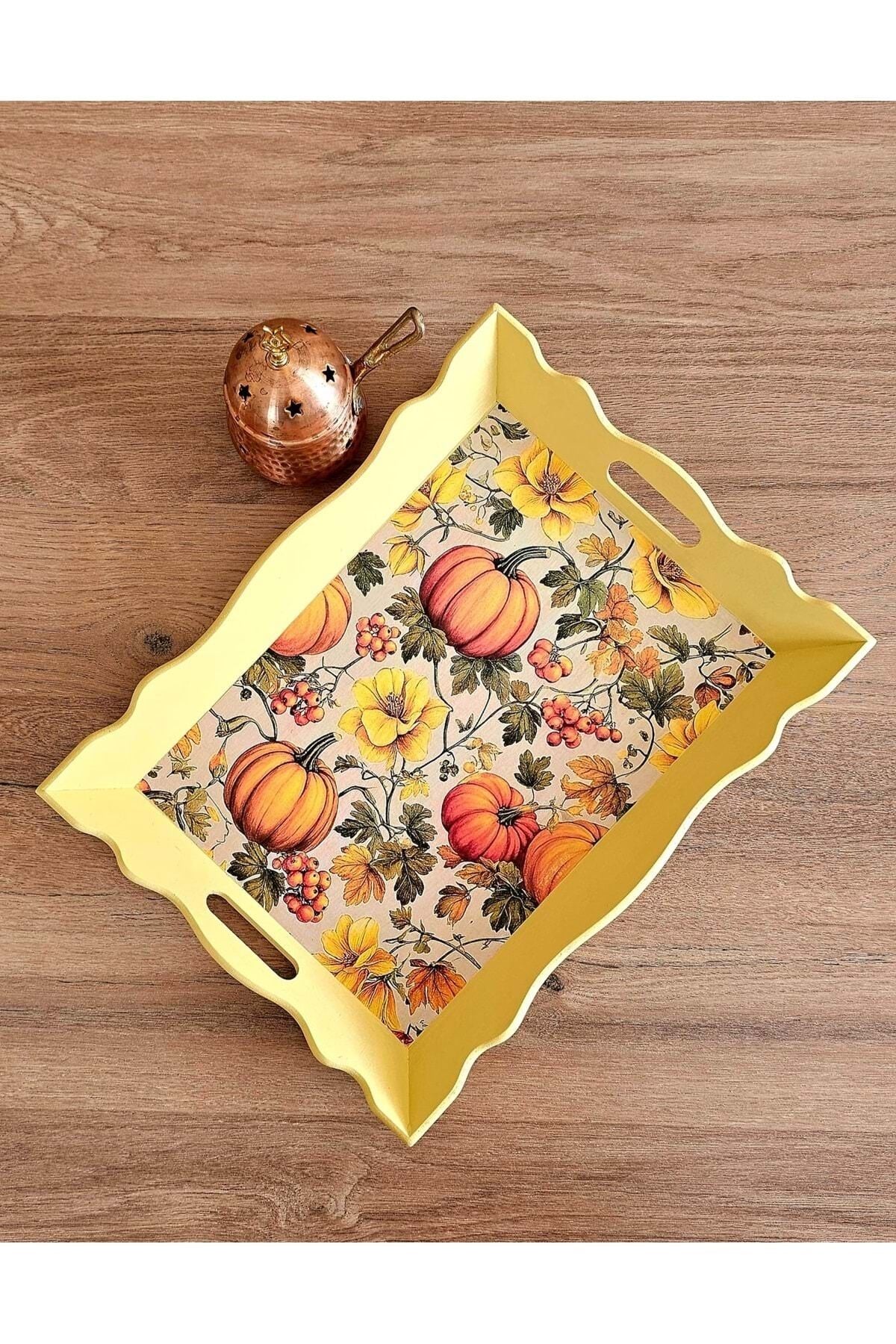 El Yapımı Ahşap Boyama Tepsi -Fısıldayan Kış Koleksiyonu | No: 7 Turuncu - 35 X 27