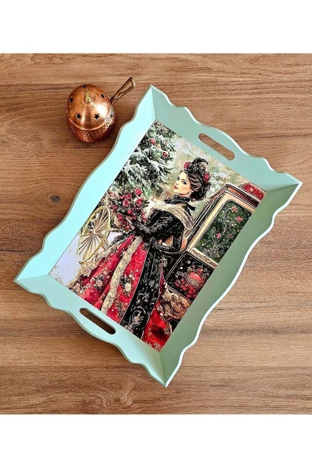 El Yapımı Ahşap Boyama Tepsi - Gizemli Kadınlar Koleksiyonu | No: 5 Yeşil - 35 X 27