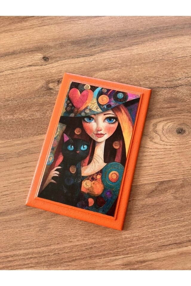 El Yapımı Dekoratif Ahşap Tablo Kedi ve Kadın / 13x21,5 Turuncu - 13 X 21