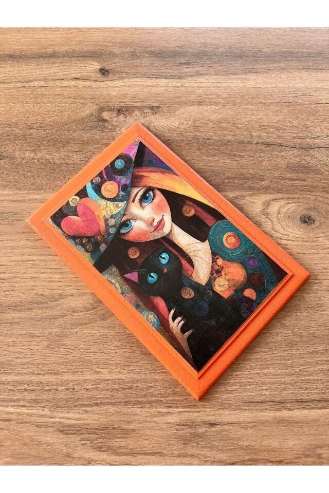 El Yapımı Dekoratif Ahşap Tablo Kedi ve Kadın / 13x21,5 Turuncu - 13 X 21