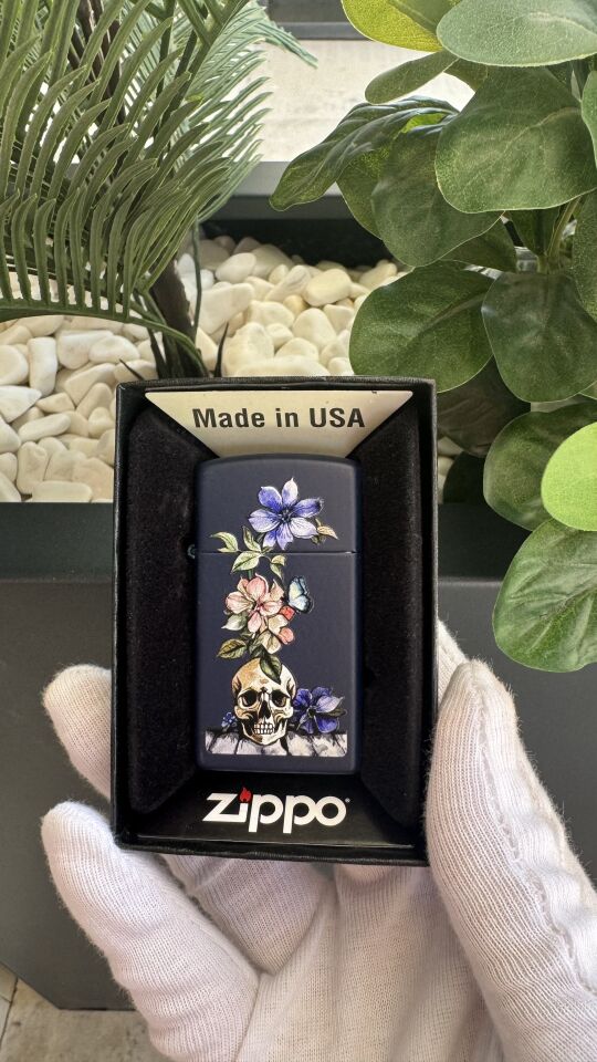 Zippo Skull And Flowers Design Slim