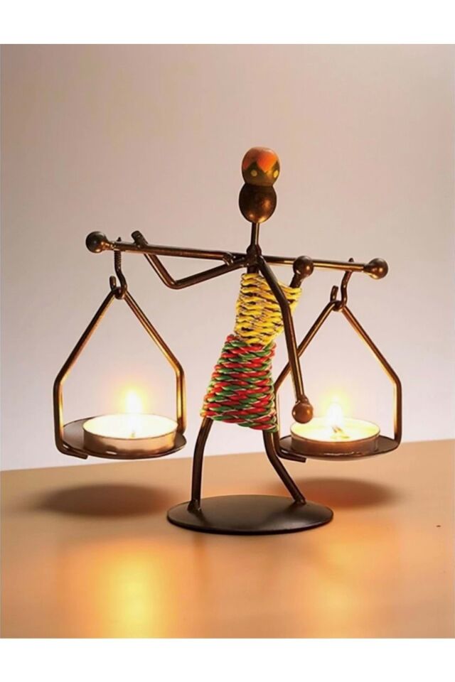Retro Afrika Temalı Denge Mumluk / Çift Şamdan Tutucu - Masa Dekoru (Yükseklik 14.5 Cm)