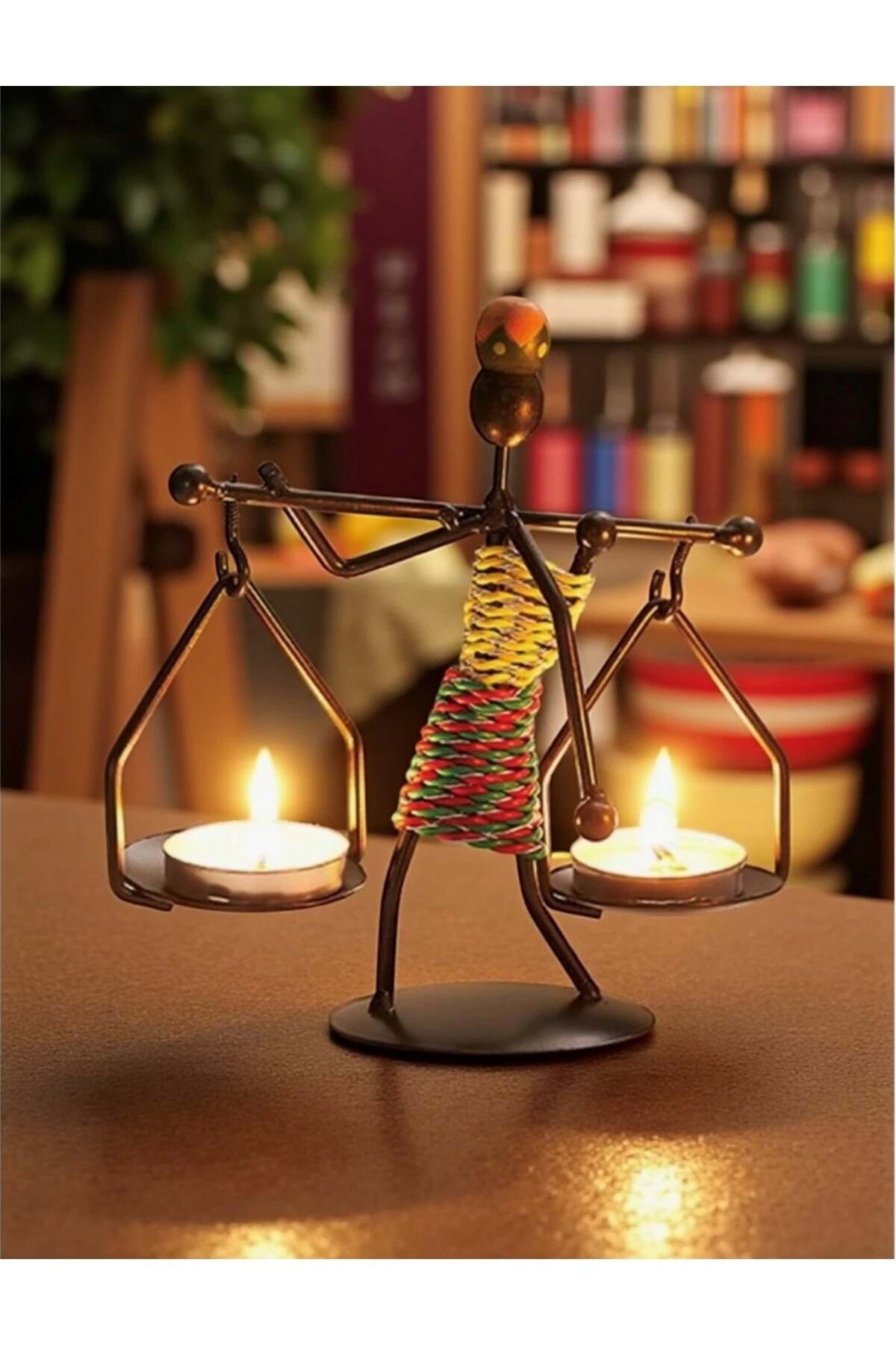 Retro Afrika Temalı Denge Mumluk / Çift Şamdan Tutucu - Masa Dekoru (Yükseklik 14.5 Cm)