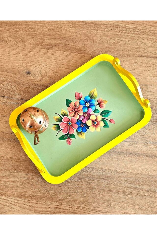 El Boyaması Ahşap Tepsi – Renkli Çiçek Buketi Tasarımı 2