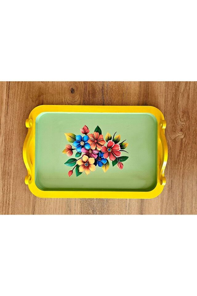 El Boyaması Ahşap Tepsi – Renkli Çiçek Buketi Tasarımı 2