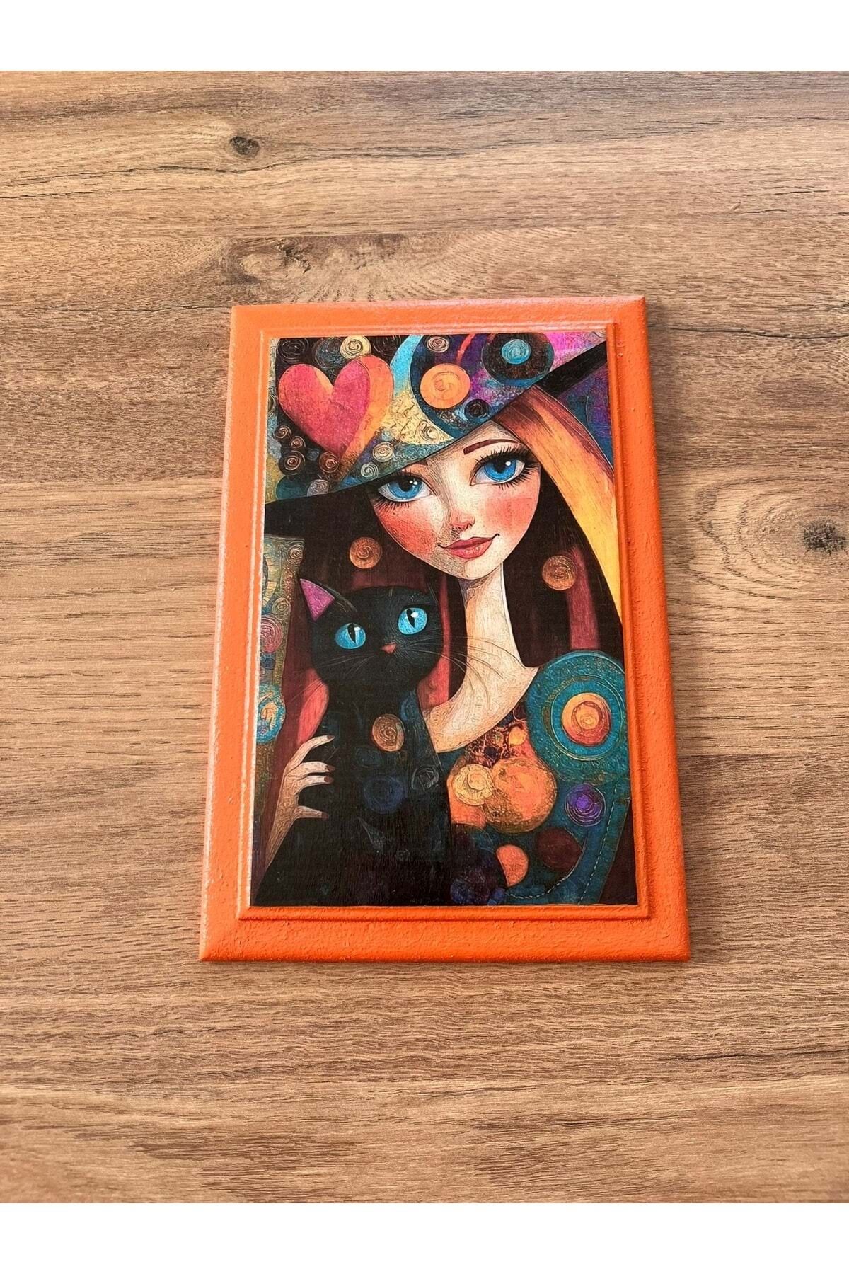 El Yapımı Dekoratif Ahşap Tablo Kedi ve Kadın / 13x21,5